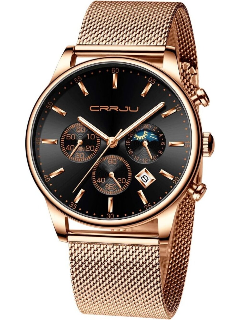 Men's Rose Black Chronograph Auto Date Steel Quartz with Mesh Strap Wristwatch